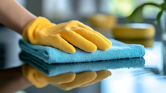 Hand in yellow glove cleaning glass surface Home cleaning.