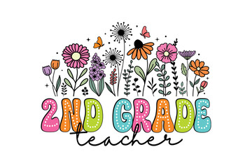 Colorful Second Grade Teacher Groovy Floral   Wildflower Clipart for Sublimation Design 