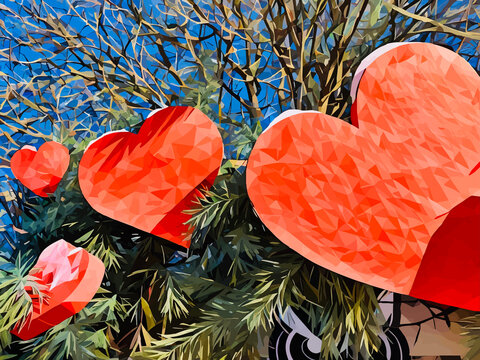 Four red hearts topped with snow among the green pine branches against the clear bright-blue sky; a low poly vector illustration for Saint Valentine's day, love, romantic, winter holiday designs. - Powered by Adobe
