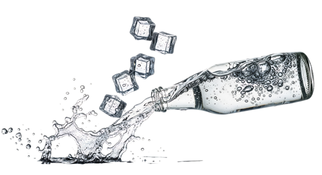 Refreshing water bottle pouring with ice cubes and splash, isolated on transparent background the clear liquid and ice create a cool and invigorating scene perfect for advertising beverages and promot
