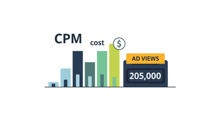 Flat Vector Illustration of CPM Cost per Thousand Impressions with Bar Charts