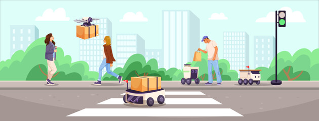 People interacting with delivery robots and drone on a city street with buildings and trees in background, concept of future urban logistics. Vector illustration © GN.STUDIO