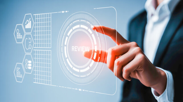 Person interacting with a futuristic review interface on a digital screen