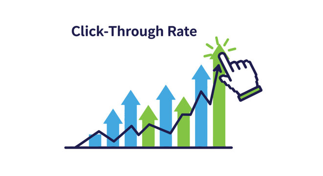 Ascending click-through rate illustration with hand cursor and rising arrow