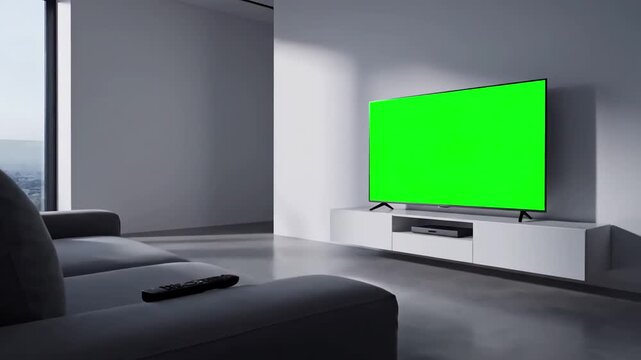 Modern Living Room Interior with man watching television in evening young guy sitting on sofa against tv chroma green screen back view male person switching channels using remote controller