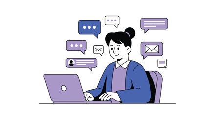Community manager replying to comments and messages on a laptop, a simple flat design