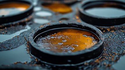 Oil spills on a dark industrial surface.