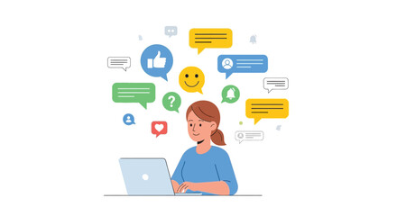 Engaged customer service representative managing online interactions with a laptop