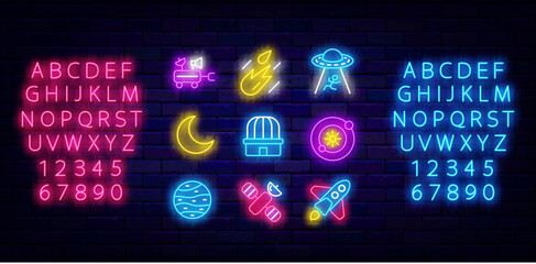 Astronomy neon symbols collection. Observatory and moon. Rocket and planet. Editable stroke. Vector stock illustration