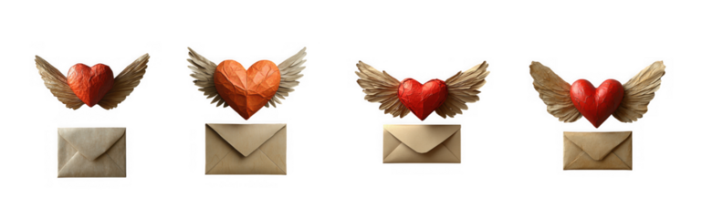 Two pairs of red hearts with wings above envelopes, isolated on transparent background