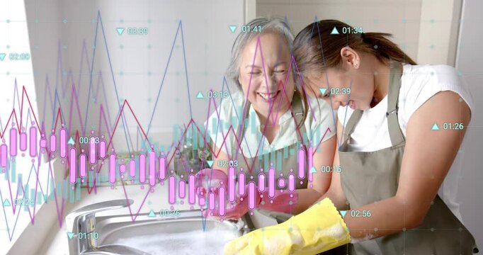 Mother picking up bowl and showing soapy suds, daughter rinsing dishes in home kitchen for bonding