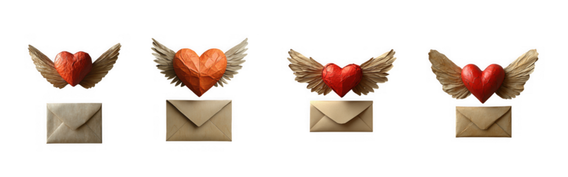 Two pairs of red hearts with wings above envelopes, isolated on transparent background - Powered by Adobe