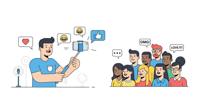 Vibrant influencer marketing illustration capturing content creation and audience interaction - Powered by Adobe