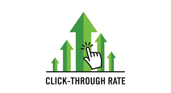 Illustrative click-through rate concept with hand cursor and growth arrows