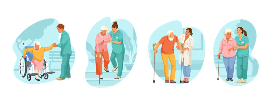 Elderly individuals assisted by caregivers during rehabilitation therapy, flat style, with abstract background. Concept of elderly care. Vector illustration - Powered by Adobe