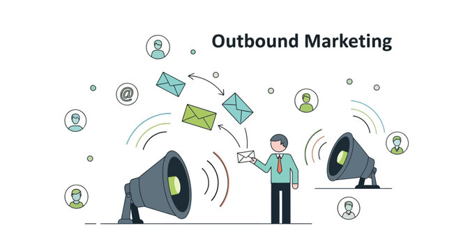 Outbound marketing campaign illustration featuring megaphones and email blasts