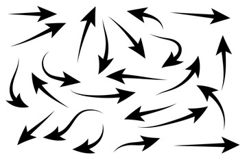 Black arrows set features variety of shapes and directions. Modern design element for web, print and UI.