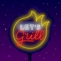 Lets grill party neon advertising. Street billboard poster. Barbecue party with fire frame. Vector stock illustration