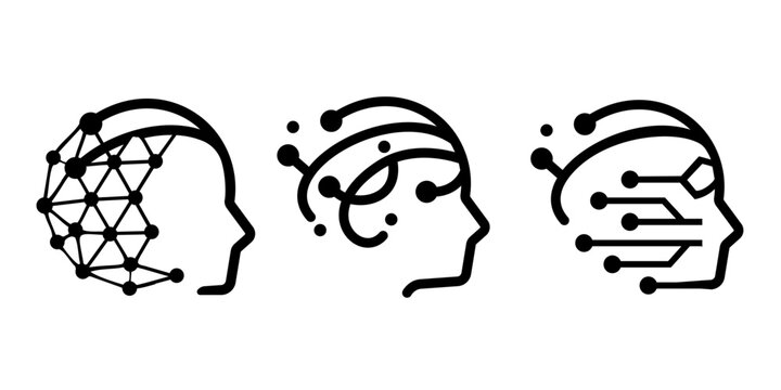 AI brain head profiles. Digital technology neural network icons set. Artificial intelligence concepts.