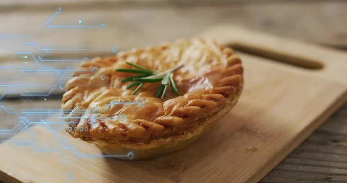 Holographic overlays appearing beside savory pie, scanning braided crust for analysis