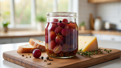 Pickled grapes in a glass jar. Infusing with spices. Ready to be served as a gourmet appetizer with fresh bread slices and a wedge of cheese on a wooden board