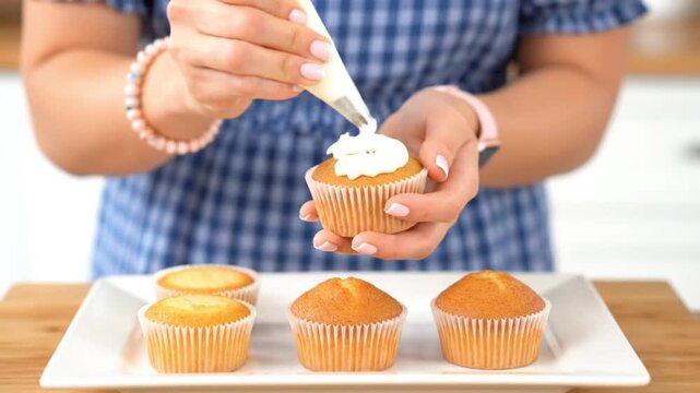 A person is piping white frosting onto a freshly baked cupcake with a pastry bag