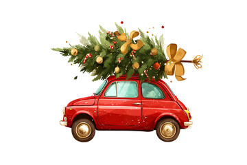 Red vintage car with christmas tree and decorations on roof