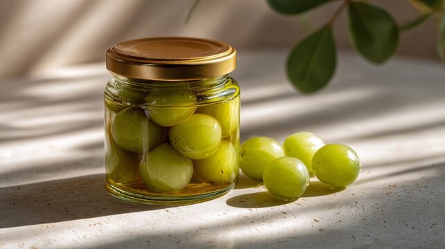 Amla gooseberry fruits preserved in a glass jar, creating a homemade superfood pickle for healthy eating, displaying nutritional benefits and natural ingredients in bright sunlight