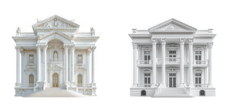 Two ornate white neoclassical mansions with grand columns and detailed architecture, isolated on transparent background