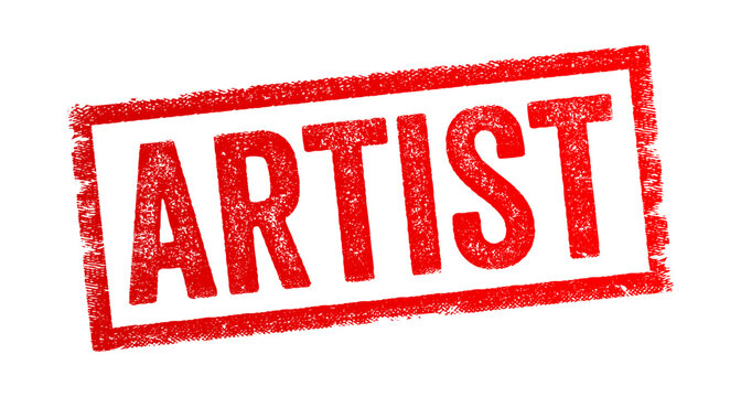 Grunge rubber stamp with the word ARTIST in bold uppercase letters, slightly tilted on background. Vintage textured print design symbolizing creativity and artistic identity