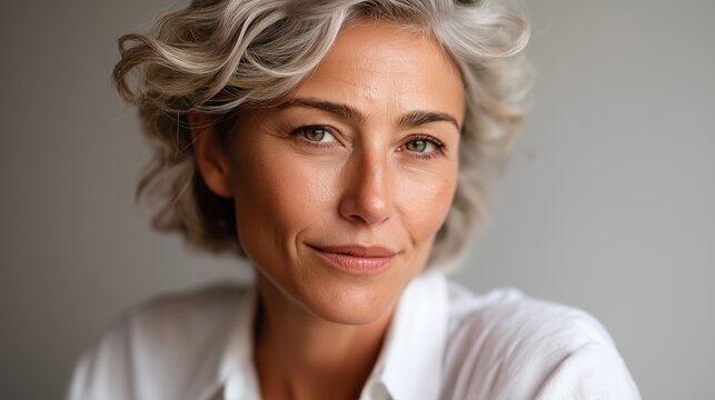 Mature woman with gray curly hair smiling confidently, expressing aging gracefully and natural beauty, showing serene self acceptance and a positive outlook on life