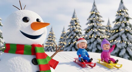 Adorable 3d snowman with carrot nose and scarf as kids sled behind, bright winter forest with fairy lights and holiday cheer, sky copyspace