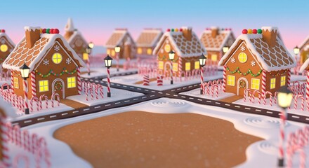 3d cartoon gingerbread village with candy cane fences, icing houses and glowing gumdrop lights, whimsical sweet holiday charm with copyspace