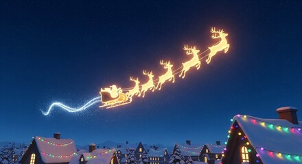 3d cartoon santa in sleigh with glowing reindeer flying above snowy rooftops under a starry night sky, festive sparkle trail and sky copyspace