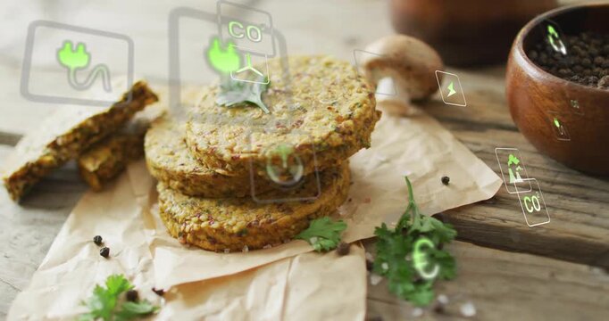 After plug icon appearing, floating eco icons swirling around veggie patties visualizing eco impact