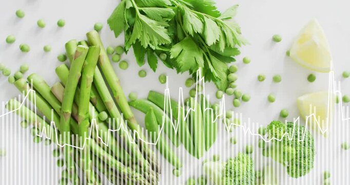 Audio waveform bars oscillating beneath vegetable flat lay, growing spikes matching music rhythm