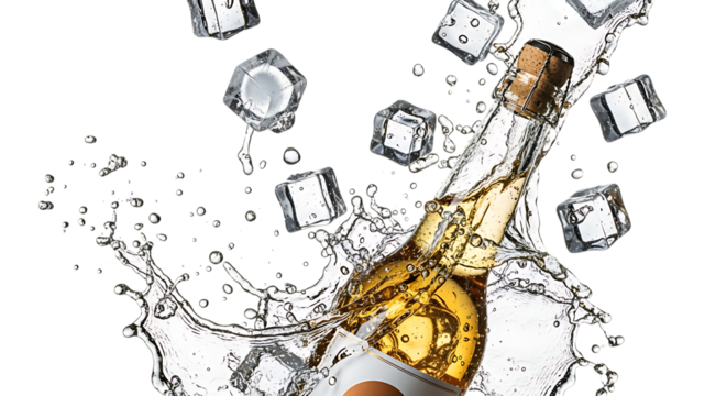 A bottle of sparkling wine erupts with effervescence, surrounded by floating ice cubes against a clean transparent background, capturing the celebration and luxury isolated on transparent background