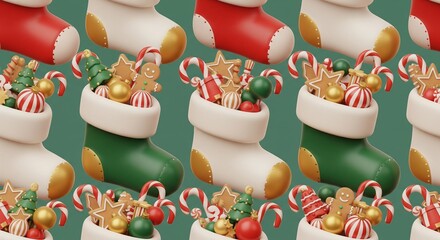 Seamless 3D cartoony Christmas stockings filled with gingerbread cookies, candy canes, and ornaments, joyful colors, smooth repeating tile pattern