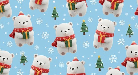 Seamless 3D plush-style polar bears with scarves and gifts among snowflakes and mini christmas trees on light blue background, cute tile-ready pattern