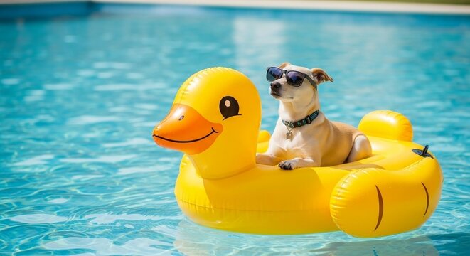 Cachorro de &oacute;culos relaxando em boia infl&aacute;vel amarela de pato na piscina azul &ndash; conceito divertido de ver&atilde;o e lazer