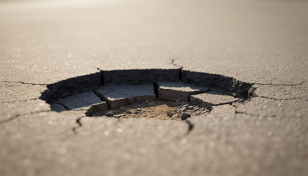 Damaged pothole in residential street with cracked asphalt surface