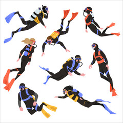 Group of scuba divers wearing wetsuits and diving equipment, flat cartoon style on white background. Concept of underwater exploration. Vector illustration © GN.STUDIO