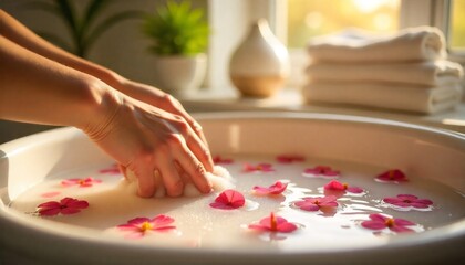 Close-up of female hands gently placing a washcloth into a serene milky bath filled with pink flower petals under soft golden light