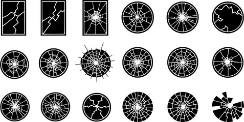 Broken glass, Cracked glass, Broken glass silhouette, Cracked glass silhouette, Broken glass clipart, Broken glass vector set.