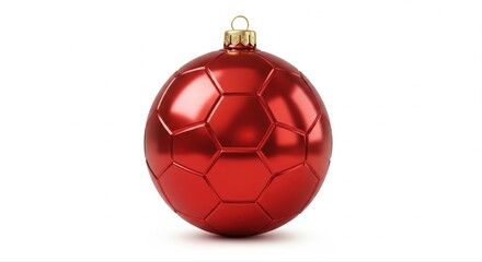 Red Metallic Soccer Ball Christmas Ornament Isolated on White