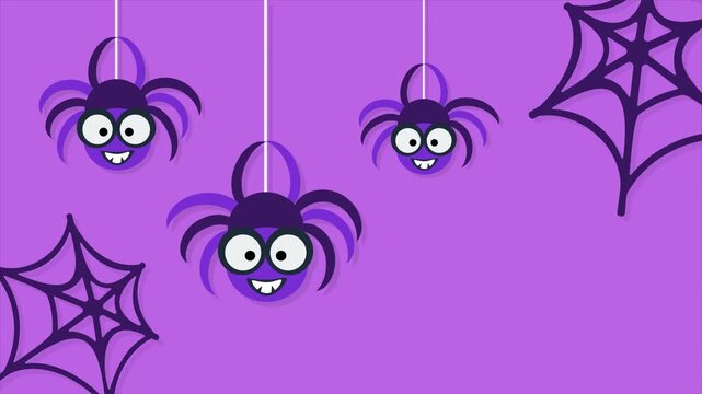 Halloween spiders and web on purple background, cute spider animation design. Available in FullHD and 4K video