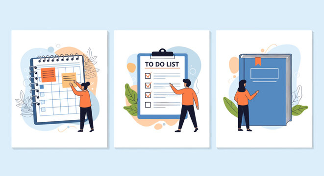 People planning and organizing tasks on a calendar, todo list, and book