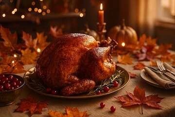 Thanksgiving Feast: A beautifully roasted turkey sits at the heart of a Thanksgiving table, surrounded by autumnal leaves and soft candlelight, creating a warm, inviting atmosphere of the season.