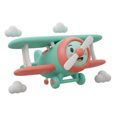 Cute Cartoon Biplane Flying High Among the Clouds