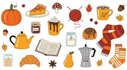 A cozy autumn collection of seasonal elements isolated on white background, featuring pumpkin, pie, mushroom, yarn, coffee, leaves, jam, hot chocolate, candle, cinnamon roll, scarf, and socks